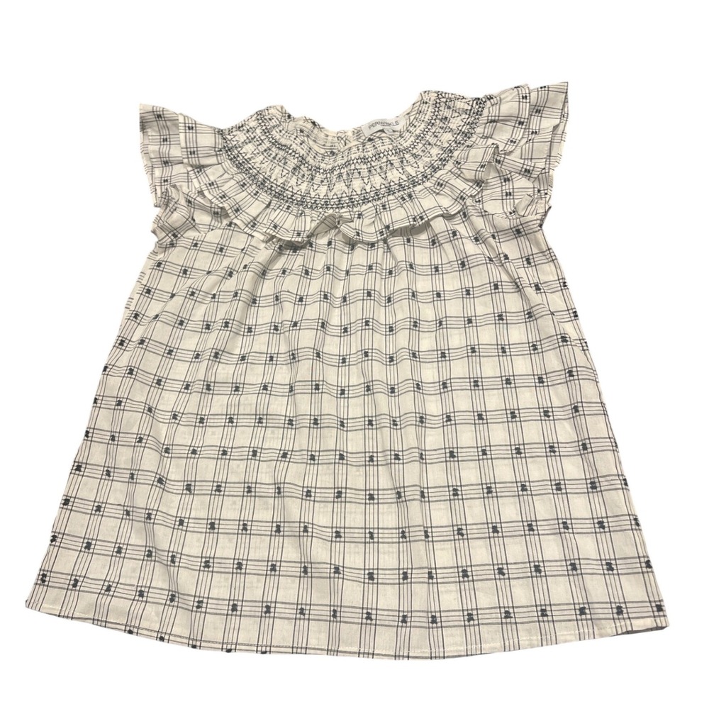 Periwinkle Collection Smocked Plaid Blouse White Black‎ Ruffle Cap Sleeve Small